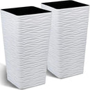 Worth Garden 22" Tall Planters Set of 2 - Plastic White Square Plant Pots - Modern Big Tapered Matte Wavy Tree Flower Pot for Indoor Outdoor Porch Deck by CozyNest Decor