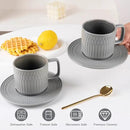 Large Cappuccino Cups with Saucers Set of 4, 8 Ounce Stackable Embossed Ceramic Coffee Mugs for Specialty Coffee Drinks, Latte, Cafe Mocha and Tea, Dishwasher & Microwave Safe (Grey) by CozyNest Decor