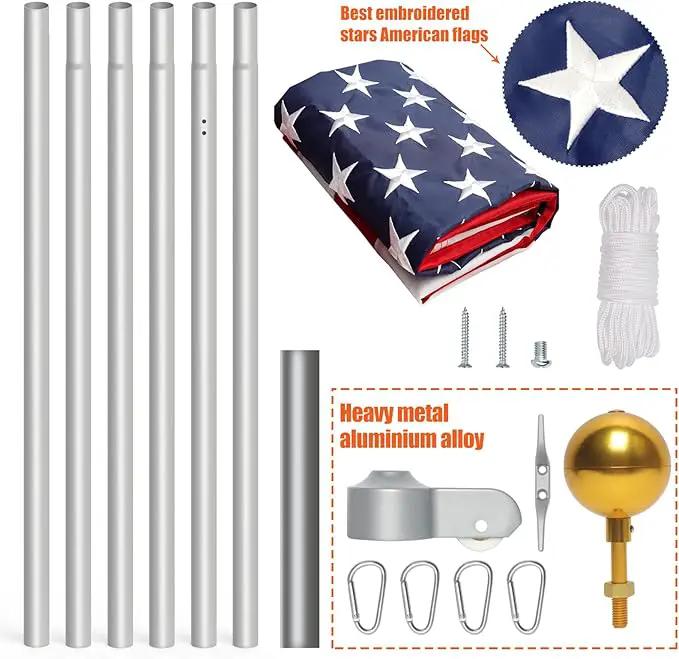 NELXINJO 25FT Sectional Flag Pole Kit, Heavy Duty Aluminum Outdoor In-Ground Flagpole, Gold Ball Top, 3x5 USA Flag for Residential Commercial Outdoor Garden(25FT, Silver), photo 2 of 7
