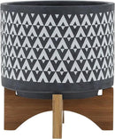 Sagebook Home 9" H 8" Diameter Dark Gray and Ivory Aztec Design Ceramic Planter with Solid Rubberwood Stand for Living Room, Bedroom, or Office by GreenHaven Gardens