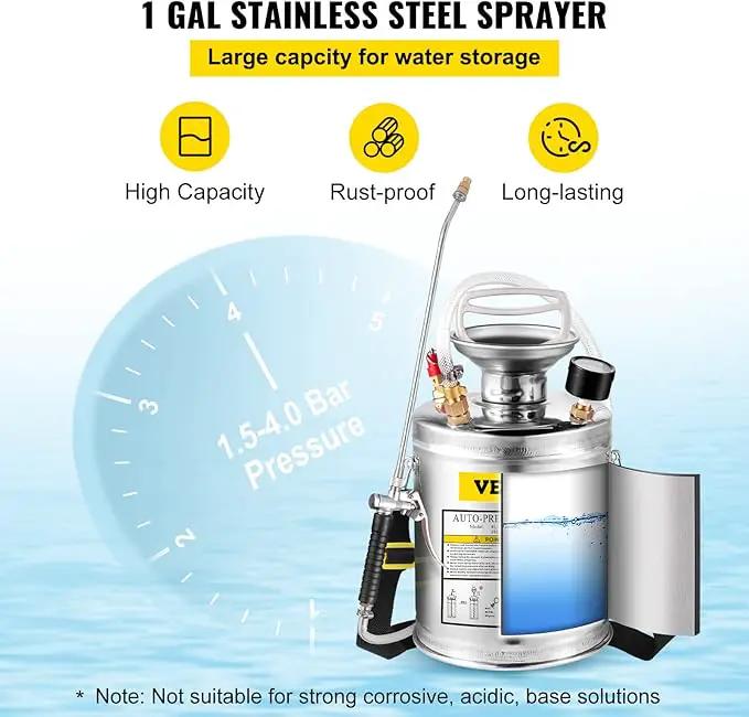 Happybuy 1 Gallon Stainless Steel Pump Sprayer, 12" Wand & 3FT Reinforced Hose, Pressure Gauge, Safety Valve & Adjustable Nozzle, Garden Weed Sprayer for Lawn, Gardening, Sanitizing, photo 3 of 9