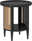 Yusong Round End Table Rattan Side Table with Solid Wood Legs, Boho Style Nightstand Bedside Table with 2-Tier Shelves, Small Coffee Table for Living Room Bedroom Small Spaces Black by CozyNest Decor