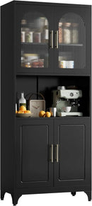75" Tall Kitchen Pantry Cabinet, Metal Storage Cabinets with Acrylic Doors and Adjustable Shelves, Hutch Cabinet with Storage, Black Microwave Stand Cabinets for Dining Living Room by CozyNest Decor