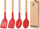 Pack of 4 Silicone Cooking Utensils Set, Non Stick Solid Spatulas and Heat Resistant Slotted Spoons with Wooden Handle, Ideal Wood Kitchen Utensils Set for Frying,Serving,Turning,Stirring (RED) by CozyNest Decor