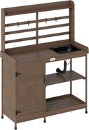Outsunny Outdoor Wooden Potting Bench Table with Sink and Water Tap, Garden Workstation with Storage Cabinet, Storage Shelves for Backyard, Patio, Balcony, Dark Brown by GreenHaven Gardens