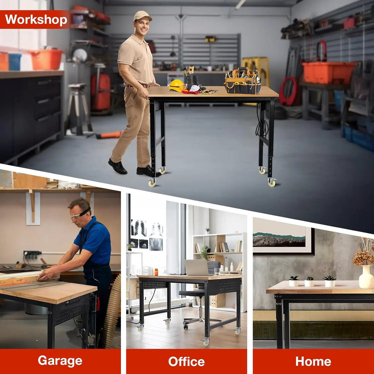 48" L×24”W Adjustable Workbench with Wheels, 28”-40”Height Heavy Duty Table 2000 LBS Load Capacity, Work Bench with Power Outlet & Pegboard, Rubber Wood Work Table for Garage, Office, Workshop, photo 6 of 6