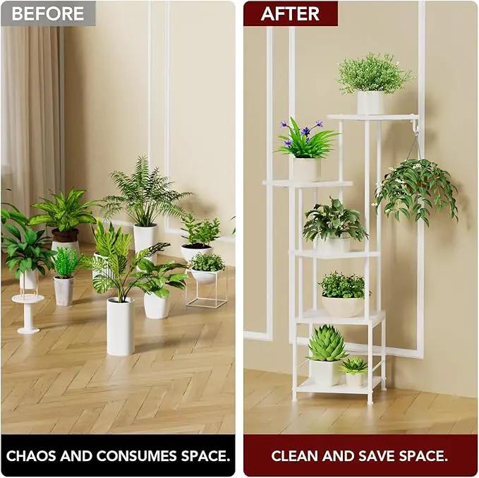 Plant Stand Indoor with Grow Light, 5-Tiered Tall Plant Stand Indoor, Metal Plant Shelf with Hanging Basket Hook and Adjustable Light, Ideal for Living Room, Garden, Patio white, photo 5 of 8