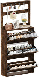 Shoe Cabinet with 3 Flip Drawers, Narrow Shoe Cabinet with 9 Hooks Coat Rack, Freestanding Shoes Storage Cabinets with Adjustable Shelves for Entryway, Hallway, Living Room, Rustic Brown by CozyNest Decor