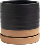 6 Inch Plant Pots, Ceramic Planter Pot with Drainage Hole & Saucer, Indoor/Outdoor Cylinder Round Planter Pot, Matte Black & Brown by GreenHaven Gardens