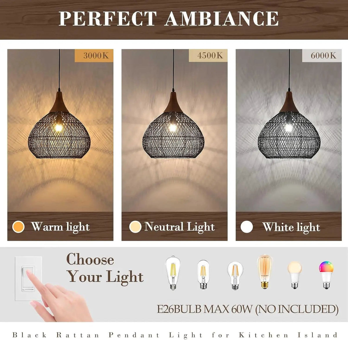 Black Rattan Pendant Light, 15.7" Rattan Chandelier Hand-Woven Wicker Pendant Light Fixtures with Solid Wood, Basket Hanging Lighting for Dining Room Kitchen Island Living Room, photo 4 of 6