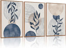 KAIRNE Boho Plant Wall Art Set of 3,Blue Bohemain Framed Canvas,Abstract Geometric Line Wall Painting,Modern Nature Prints,Botanical and Moon Wall Art for Living Room Bedroom Office - 3Pieces,16”X24” by CozyNest Decor