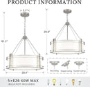 20.4''Drum Chandelier,5-Light Brushed Nickel Modern White Fabric Chandeliers,Farmhouse Round Pendant Light Fixture for Dining Room Kitchen Island Living Room Bedroom Hallway by CozyNest Decor