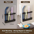 Magnetic & Adhesive Straw Organizer – Carbon Steel Utensil Holder for Reusable Straws, Chopsticks & Stirrers – Wall or Fridge Mount, Space-Saving Black Storage Rack by CozyNest Decor
