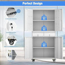 Metal Garage Storage Cabinet with Locking Doors and 2 Adjustable Shelves, Rolling Tool Storage Cabinet with 4 Wheels and 2 Drawer for Garage, Warehouse, White and Gray, Assembly Required by GreenHaven Gardens