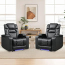ANJ Power Home Theater Recliner Chair Set of 2, Electric Movie Theater Seating Reclining Chairs with Cup Holders for Living Room, Faux Leather with Blue LED, USB Ports, Hidden Arm Storage (Black) by CozyNest Decor