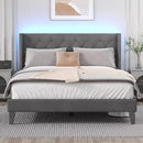 King Size Bed Frame with LED Lights, Upholstered Bed Frame with Wingback Diamond Tufted Headboard, Wood Slats Support, Noise-Free, Easy Assembly, No Box Spring Needed, Grey by CozyNest Decor
