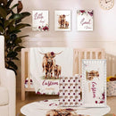 Personalized Nursery Crib Bedding Set: Custom Name 5 Piece Baby Crib Sets with Rose Highland Cow Pattern - Toddler Double Layer Blanket Set, Comfortable Crib Bed Sheets for Baby Grils by TinyTreasures Baby Boutique