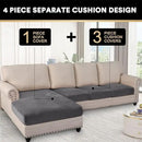 PrinceDeco Sectional Couch Covers 4 Pieces Velvet Separate Couch Cushion Covers L Shape for Left/Right Chaise Sectional Couch with Elastic Bottom (3 Seater + 1 Chaise,Grey)