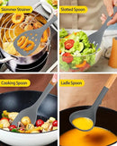 Silicone Kitchen Utensil Set for Non Stick Cookware, 7 Pcs Heat Resistant Cooking Utensils with Wooden Handle, BPA Free Kitchen Tools with Spatulas, Spoons, Skimmer and Pasta Fork (GRAY) by CozyNest Decor
