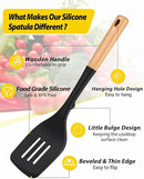 Pack of 2 Large Silicone Spatula, Heat Resistant Solid Turner, Non Stick Slotted Spatulas with Wooden Handle, Ideal Kitchen Utensils for Flipping, Pancakes, Eggs, Fish(BLACK) by CozyNest Decor