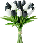 Mandy's Artificial Tulips 20 Stems Black and White PU Faux Flowers for Wedding Home Decor 13.5 Inch by CozyNest Decor