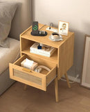 Rattan Nightstand with Outlet,Modern Bedside Table with Storage Drawer and Open Wood Shelf, for Living Room, Bedroom and Small Spaces, Accent Night Stand with Solid Wood Legs,Yellow Oak by CozyNest Decor