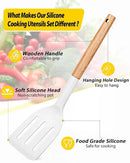 Pack of 4 Silicone Cooking Utensils Set, Non Stick Solid Spatulas and Heat Resistant Slotted Spoons with Wooden Handle, Ideal Wood Kitchen Utensils Set for Frying,Serving,Turning,Stirring (WHITE) by CozyNest Decor