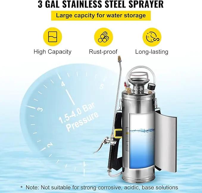 Happybuy 3 Gallon Stainless Steel Sprayer, 20" Wand & 3FT Reinforced Hose, Hand Pump Sprayer with Pressure Gauge, Safety Valve & Adjustable Nozzle, Weed Sprayers for Lawn, Gardening & Sanitizing, photo 3 of 9