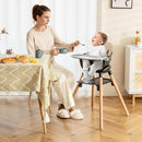 BABY JOY Baby High Chair, 6 in 1 Convertible Wooden High Chair for Babies & Toddlers with Adjustable Legs, Double Removable Tray, Safety Harness & Waterproof PU Cushion (Coffee) by TinyTreasures Baby Boutique