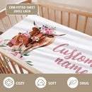 Custom Name Crib Bedding Set - Highland Cow Theme, Personalized Pink Flower Nursery Bedding 3-Piece Set– Soft Blanket, Fitted Sheet, Changing Pad Cover – for Newborns Girls Nursery Gifts by TinyTreasures Baby Boutique