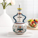 Ceramic Olive Oil Dispenser Bottle 23oz with Handles, Hand Painted Multi-Use Oil Cruet & Flower Vase, Decorative Stoneware Kitchen Cruet with Stainless Steel Spout for Oils, Sauces, Vinegar (B) by CozyNest Decor
