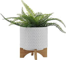 8" Ceramic Planter on Wooden Bamboo Stand - Contemporary White Chevron Design for Indoor or Outdoor Plants, Succulents, Cactus by GreenHaven Gardens