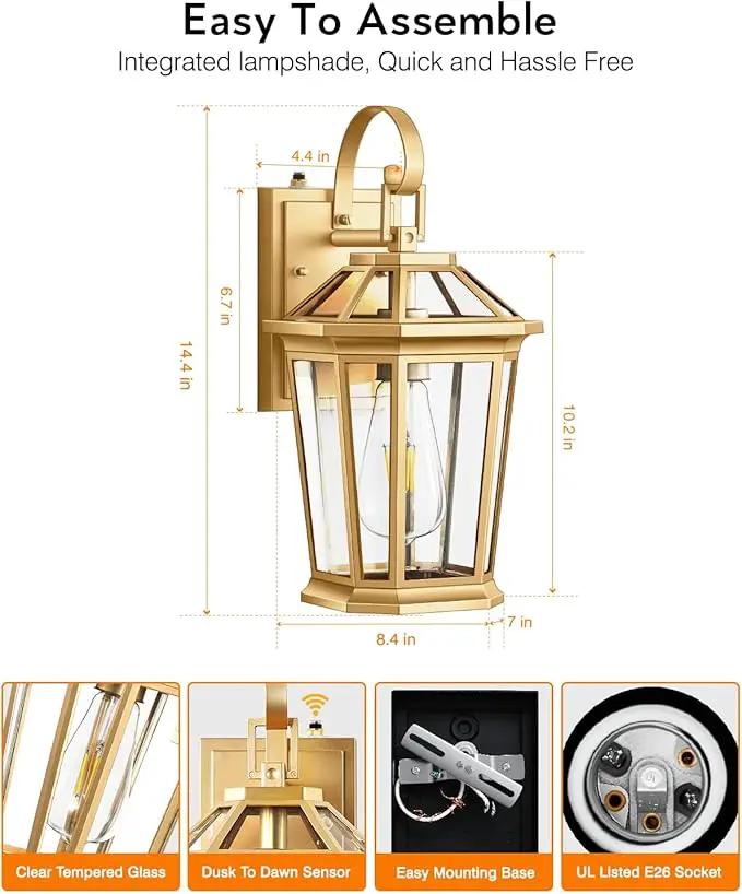 VIANIS Outdoor Porch Lights Wall Mount, Dusk to Dawn Exterior Light Fixture for House, 100% Anti-Rust Aluminum Waterproof Porch Light Outside Wall Lights, Gold Wall Sconce Lanterns for Garage, photo 6 of 9