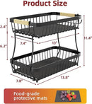 2 Tier Fruit Basket for Kitchen Counter with 2 Mobile Banana Hangers, 2025 Pro Detachable Metal Fruit Bowl with Wooden Handle, Fruit Holder for Bread Snack Veggies with Protective Mats by CozyNest Decor