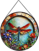 Dragonfly and Flower Suncatcher Stained Glass,Hanging Stained Glass Suncatcher for Windows,20cm/7.87inch Hand-Painted Sun Catcher Garden Hangings Halloween Fall Christmas Decor for Home by GreenHaven Gardens