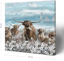 Canvas Wall Art Bathroom Coastal Boho Farmhouse Highland Cow Flower Picture Floral Artwork Rustic Country Landscape Longhorn Animal Painting for Living Room Bedroom Kitchen Décor Blue Brown Small by CozyNest Decor