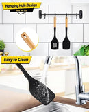 Pack of 2 Large Silicone Spatula, Heat Resistant Solid Turner, Non Stick Slotted Spatulas with Wooden Handle, Ideal Kitchen Utensils for Flipping, Pancakes, Eggs, Fish(BLACK) by CozyNest Decor