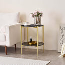 Round Glass End Table, Mid-Century Modern Design Sofa Table for Living Room, D18 x H23 in, 2-Tier Structure, Grey Glass Top and Black Marble Shelf, Sleek Conical Legs with Gold Finish Frame by CozyNest Decor