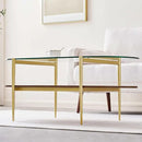 Oval Glass Coffee Table, Mid-Century Modern Design, L41 x W21 x H17 inch, for Living Room, 2-Tier Structure, Clear Glass Top and Walnut Finish Wood Shelf, Conical Legs with Gold Finish Frame by CozyNest Decor
