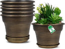 Plant Planters Pots Set of 6 Pack 6 Inch, Plastic Flower Pot for Indoor Plants with Drainage Holes & Trays, Resin Decorative Container Sets with Saucer for House Outdoor Garden Planters Dark Gold by CozyNest Decor