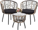 Kromax 3 Piece Bistro Set, Modern Outdoor Wicker Patio Furniture with Tempered Glass Table Top and 2 Chairs, Washable Cushions, Natural Rattan and Black Cushion by CozyNest Decor