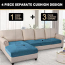 PrinceDeco Velvet Sectional Couch Covers, 4 Pieces, L Shape, Blue, 3 Seater + 1 Chaise by CozyNest Decor