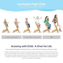 Cowiewie Natural Wooden High Chair for Babies & Toddlers 3-Tier Remove & Adjustable Tray, 8 Adjustable Highchair with Cushions, Portable (Blue) by TinyTreasures Baby Boutique