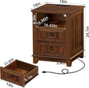 18" Farmhouse Night Stands Set of 2 with Charging Station, 2 & 3 Drawers End Table Dresser for Bedroom, Brown Wooden Nightstand, Bed Side Table with Open Shelf, Bedside Cabinet for Living Room by CozyNest Decor
