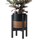 D'vine Dev Ceramic Planter with Ebony Stand - 8 Inch Modern Round Flower Pot with Wood Planter Holder, Black/Speckled Tan, 55-B-M-7 by CozyNest Decor