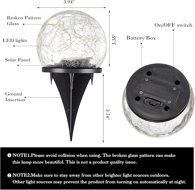 Honoson 3.9 Inch Solar Globe Lights Outdoor Waterproof, Solar Balls for Garden Cracked Glass Ball, Ground Landscape Garden Decor for Patio and Yard Lawn Backyard (12 Pieces), photo 6 of 6