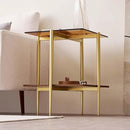 Glass End Table, Mid-Century Modern Design Sofa Table, L41 x W21 x H17, for Living Room, 2-Tier Structure, Clear Glass Top and Walnut MDF Shelf, Sleek Conical Metal Legs with Gold Finish Frame by CozyNest Decor