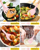 Pack of 4 Silicone Cooking Utensils Set, Non Stick Solid Spatulas and Heat Resistant Slotted Spoons with Wooden Handle, Ideal Wood Kitchen Utensils Set for Frying,Serving,Turning,Stirring (PINK) by CozyNest Decor