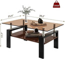39" Brown Glass Coffee Table Walnut Modern Living Room Center Table Rectangle, with Wooden MDF Storage Layer, Black Metal Leg, for Small Apartment and Office, Brown by CozyNest Decor