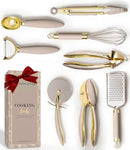 Gold and Beige Kitchen Utensils Set – 8 PC Cooking Gadgets with Mini Gold Whisk and Tongs, Pizza Cutter, Garlic Press, Cheese Grater, Peeler, Can Opener, Scoops – Stylish Beige Kitchen Accessories by CozyNest Decor